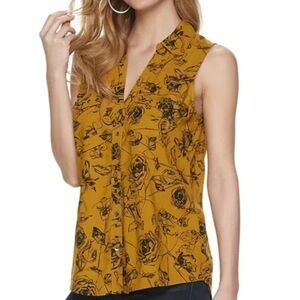 Rock & Republic Mustard Yellow Floral Sleeveless Button Down Top S